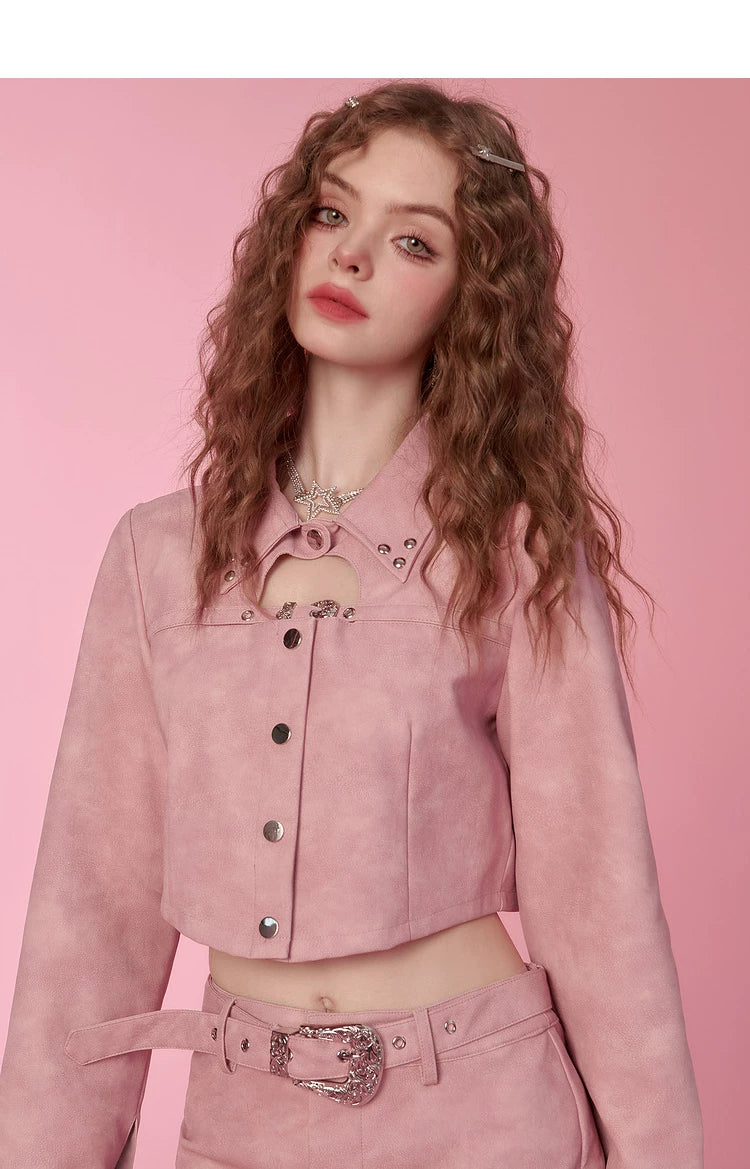 PU Leather Short Jacket & Short Pleats Skirt Setup