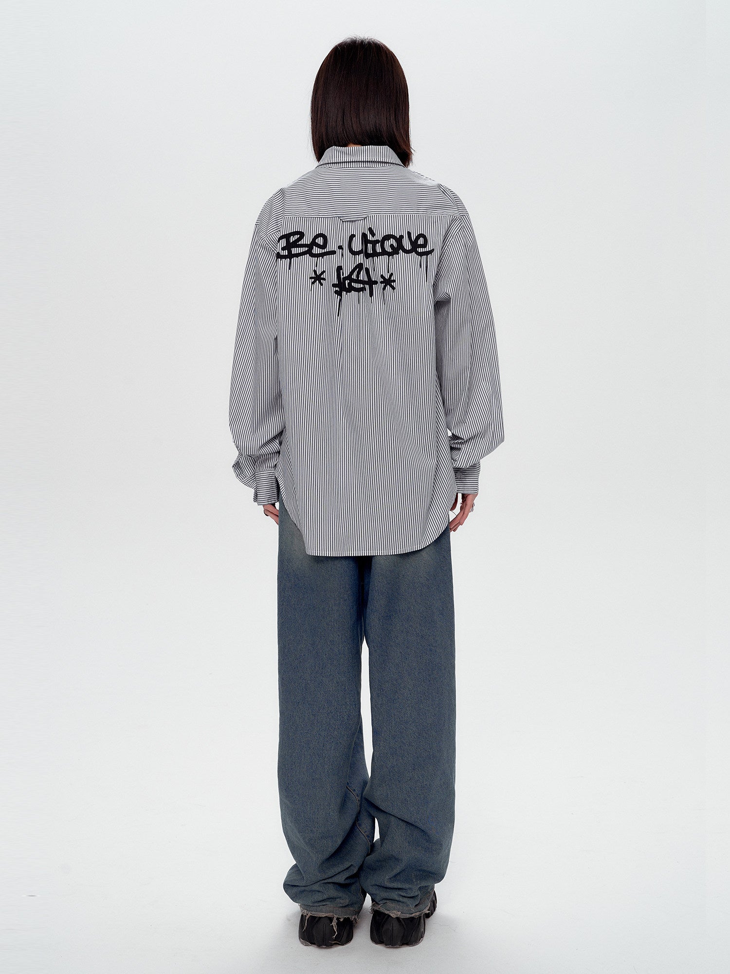 Blue White Stripe Oversize College Long Sleeve Shirt