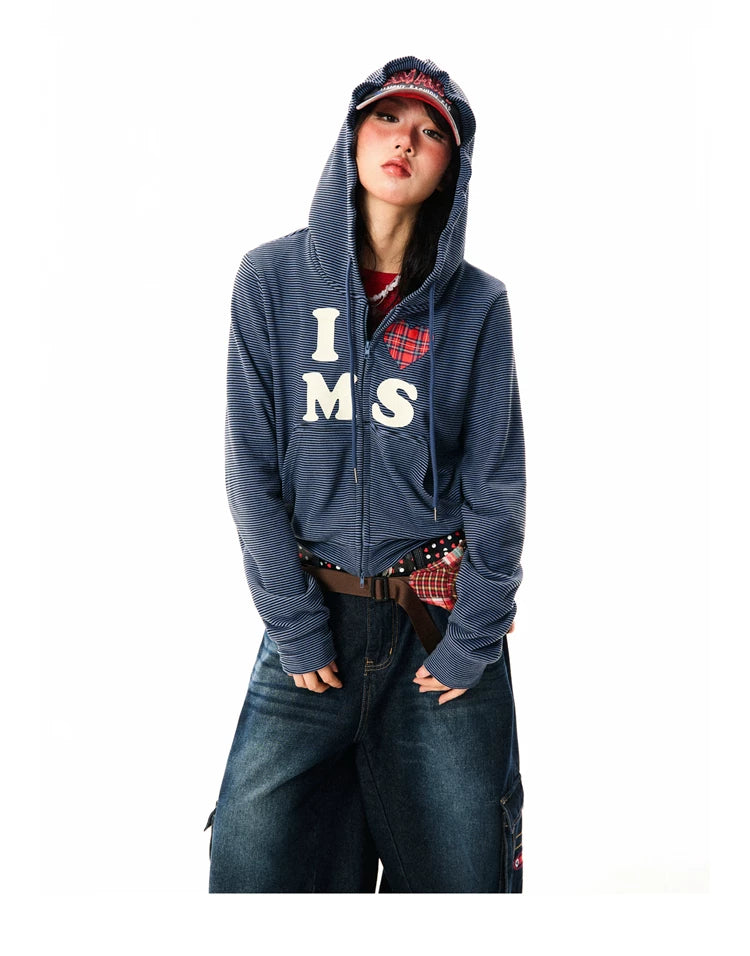 Heart Letter Print Stripe Cropped Zipper Hoodie