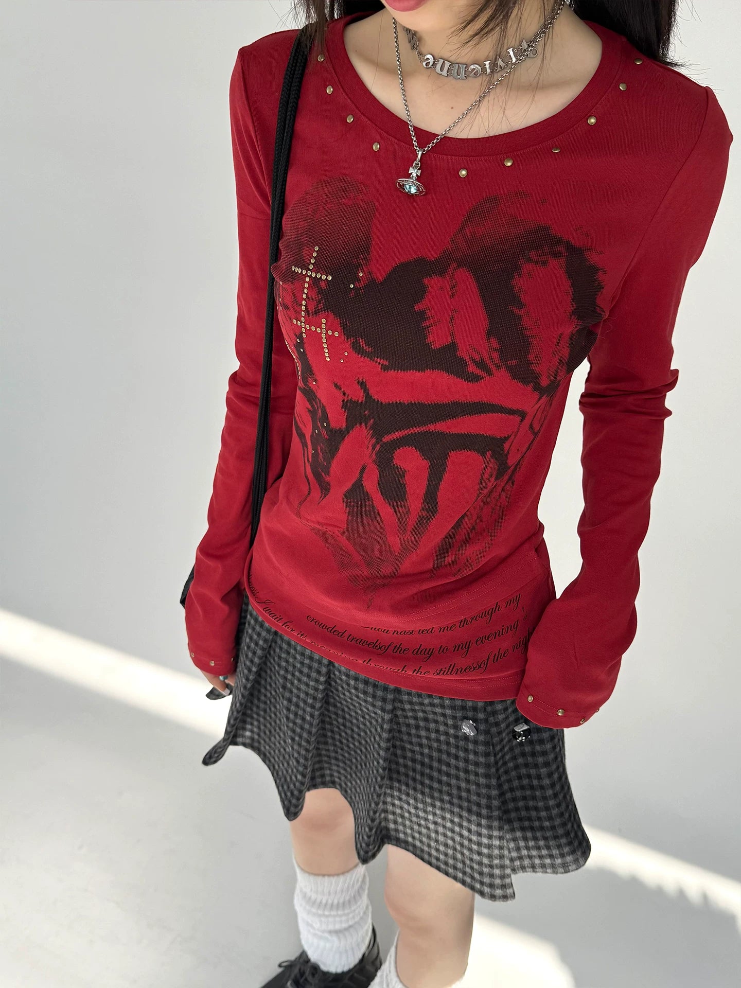 Cross Print Rivet Long Sleeve T-Shirt