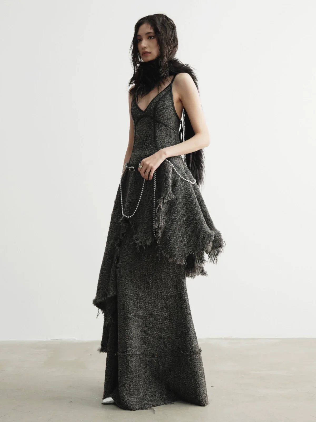 Frayed Fringe Strap Shoulder Dress