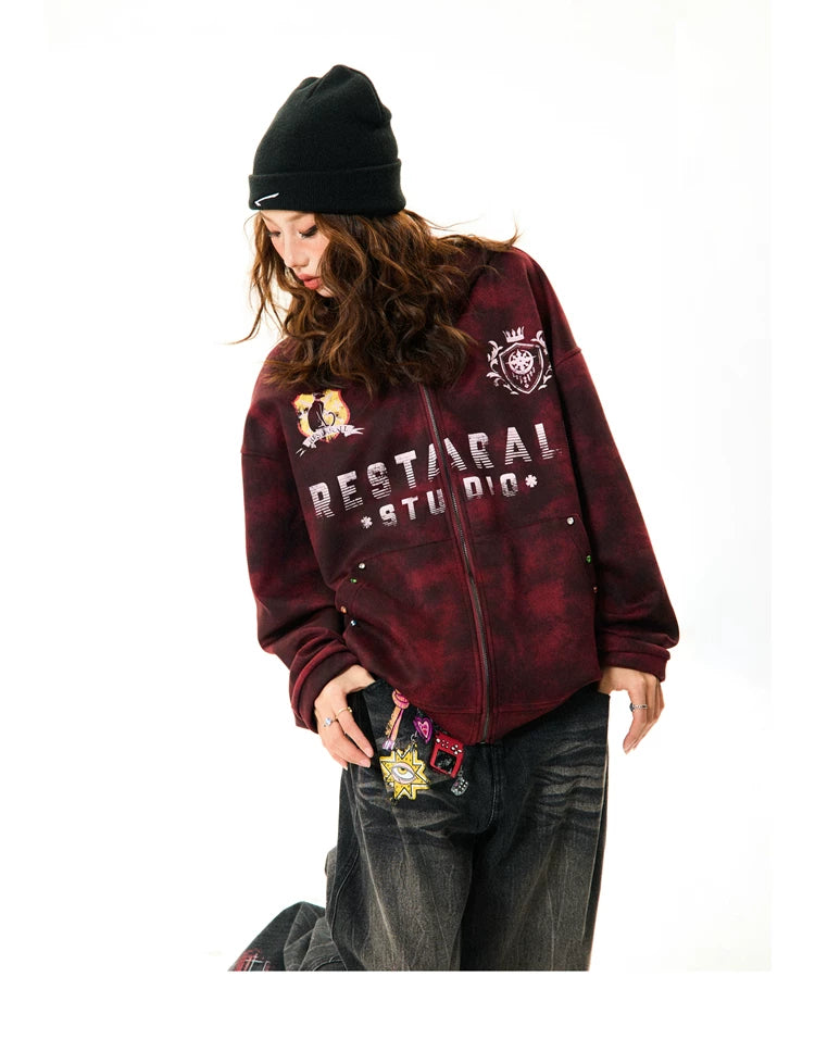 Tie-Dye Letter Print Oversize Zipper Hoodie