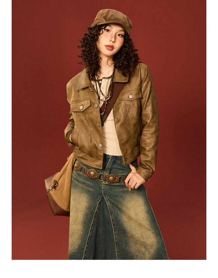PU Leather Standing-Collar Short Jacket