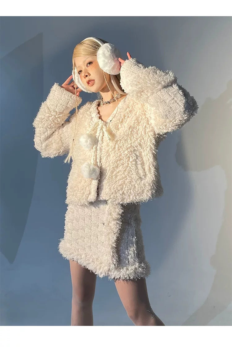 Fleece Lining Soft Fuzzy Knit Cardigan & Half Skirt Setup