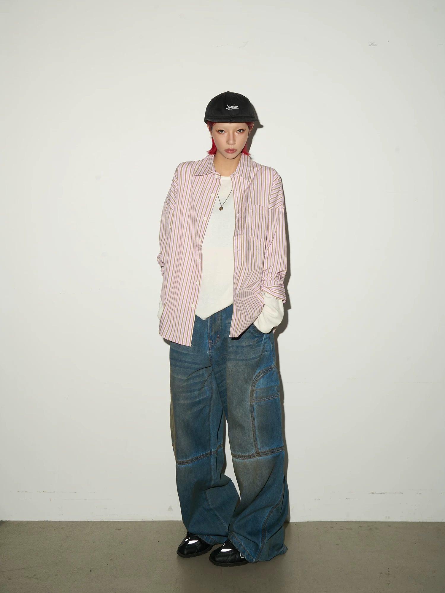 Washed Panel Strap Detail Wide Leg Denim Jeans