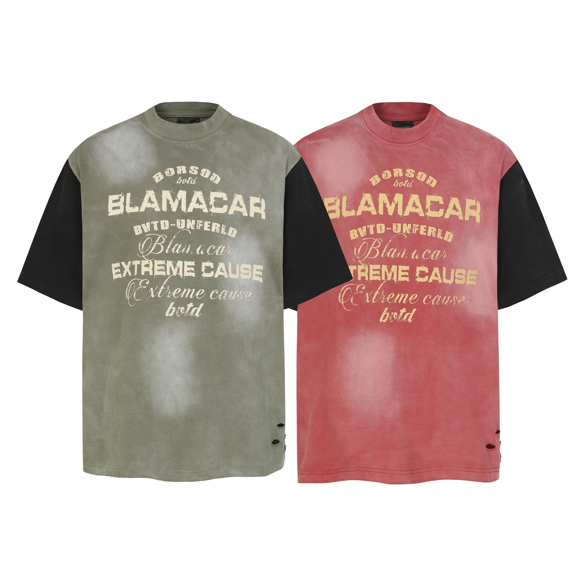 Letter Print Patchwork Wash Damage Short Sleeve T-Shirt