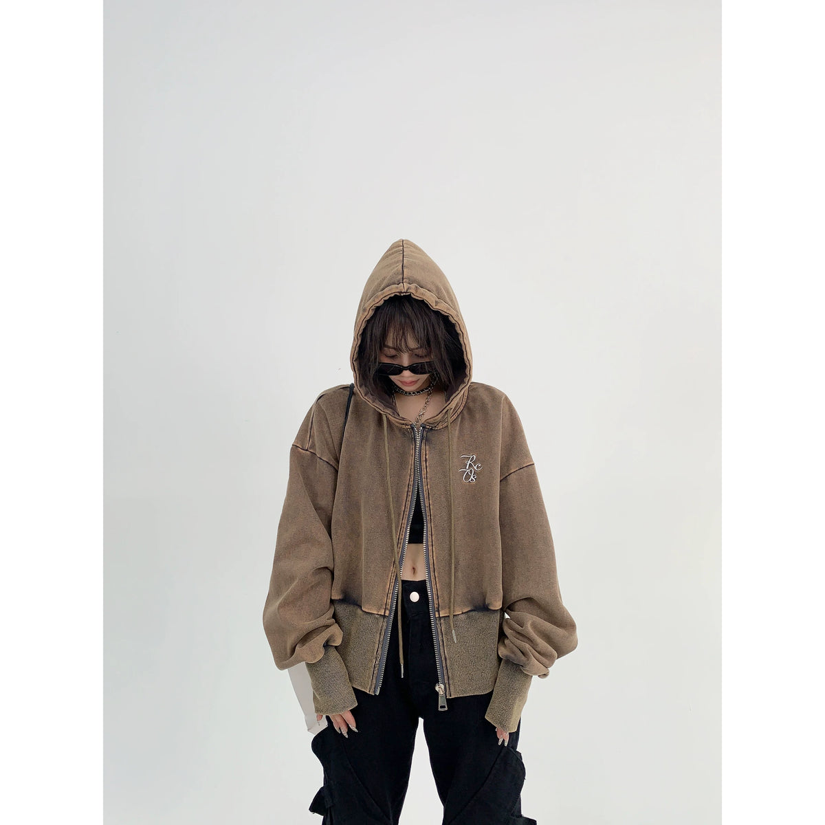 Logo Embroidery Zipper Short Hoodie