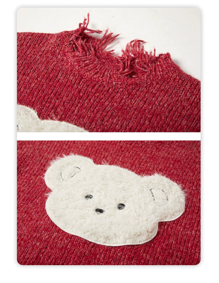 Bear Design Fringe Knit Sweater