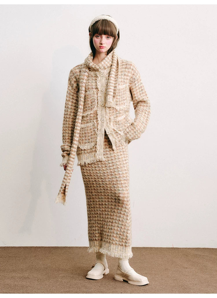 Plaid Button Cardigan & Scarf & Long Skirt Setup