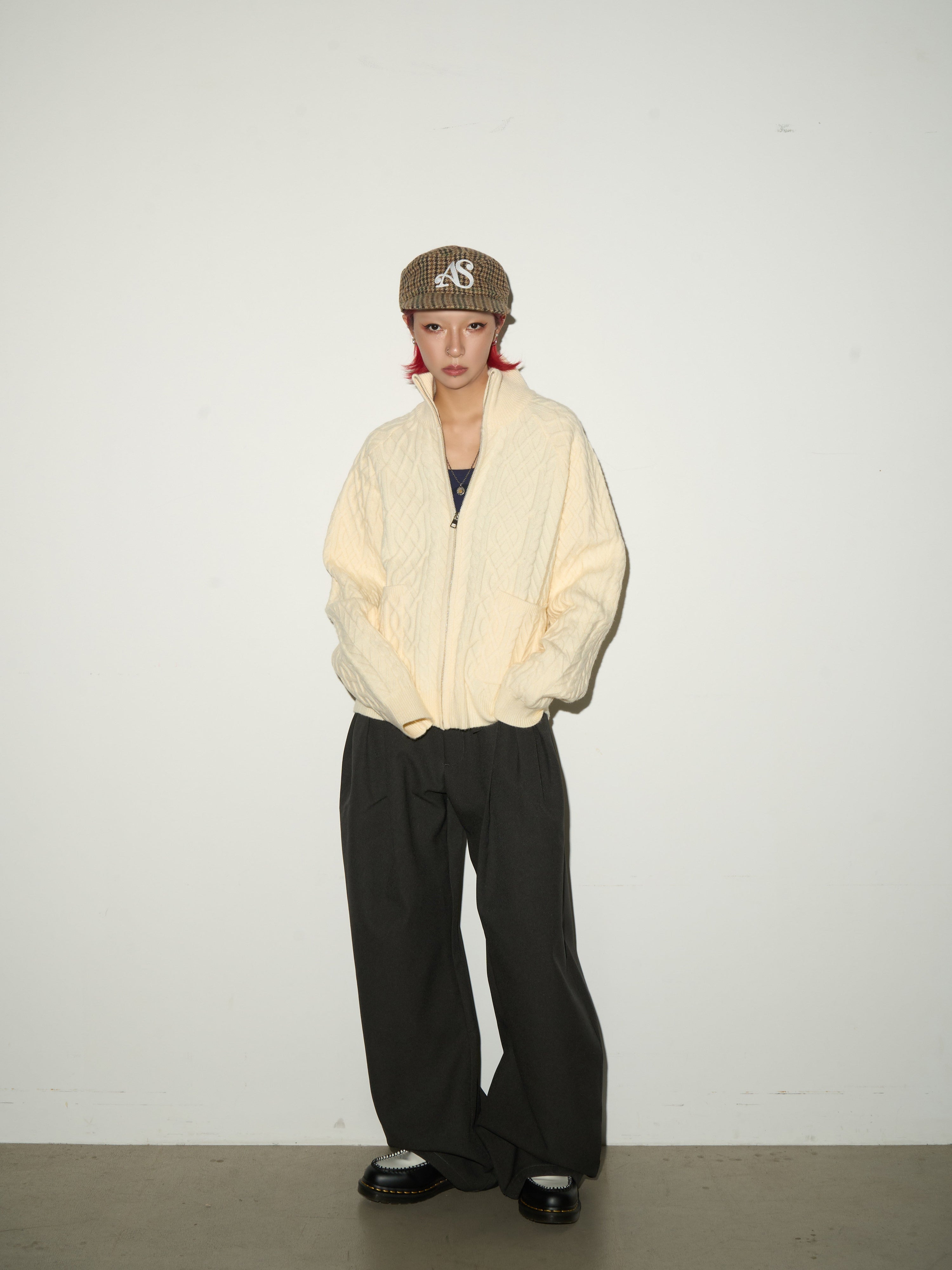 Cable Knit Stand Neck Zipper Knit Cardigan