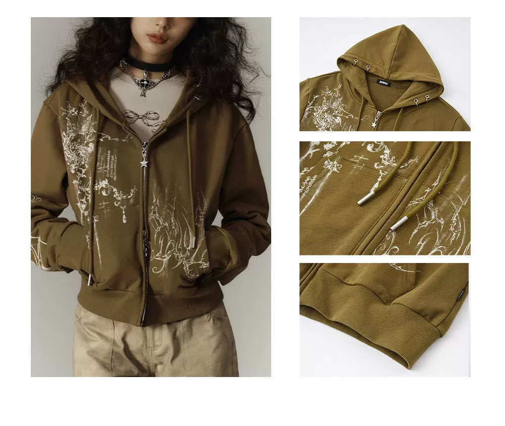 Cropped Graphic Print Zipper Hoodie