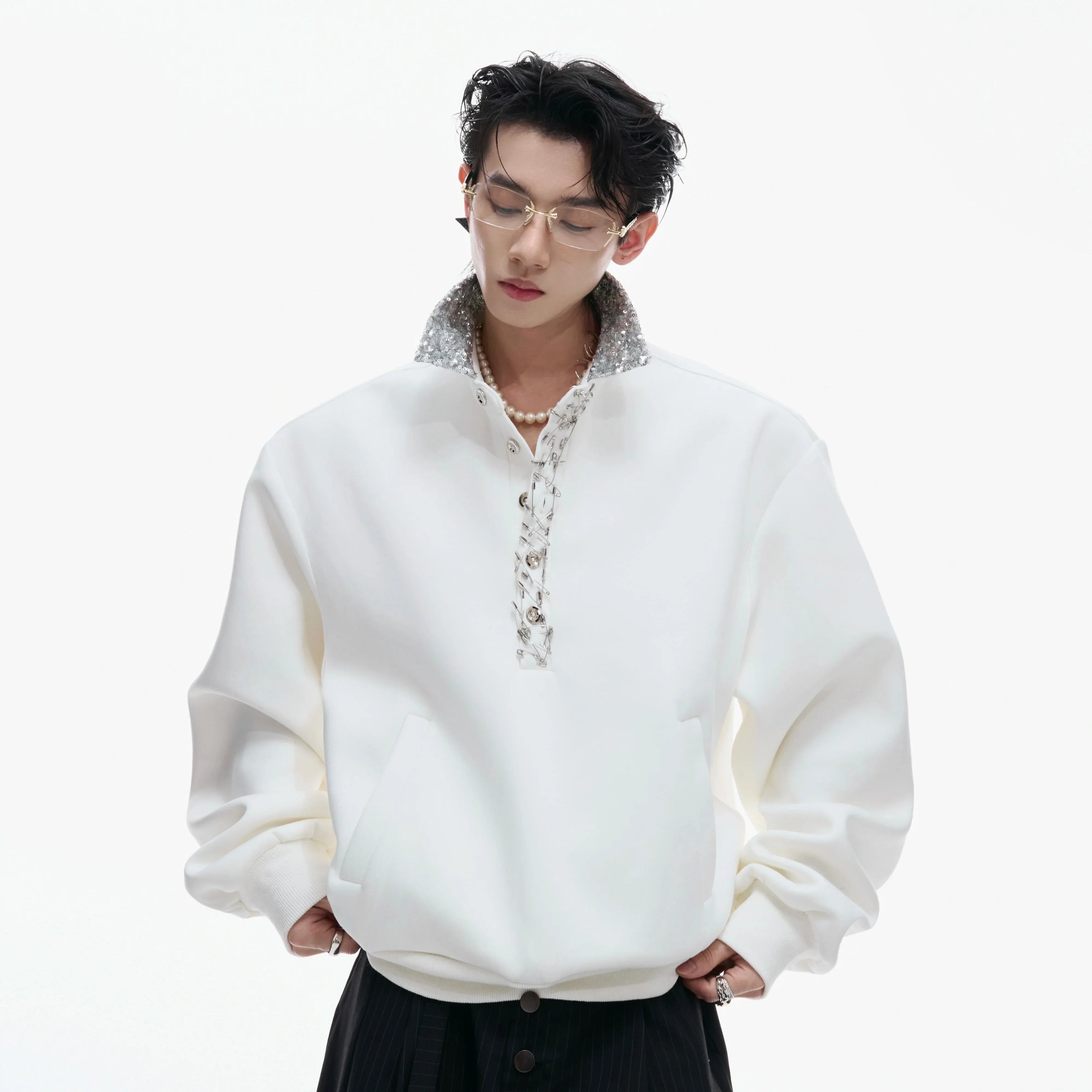 Sequin Pin Long Sleeve Polo Shirt