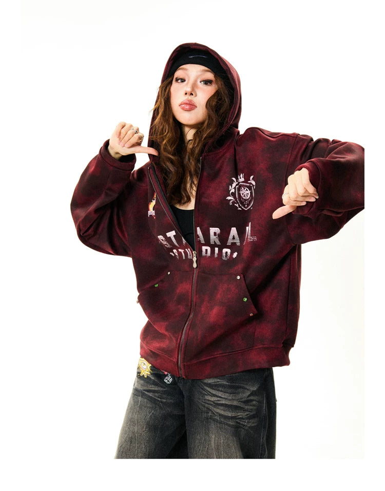 Tie-Dye Letter Print Oversize Zipper Hoodie