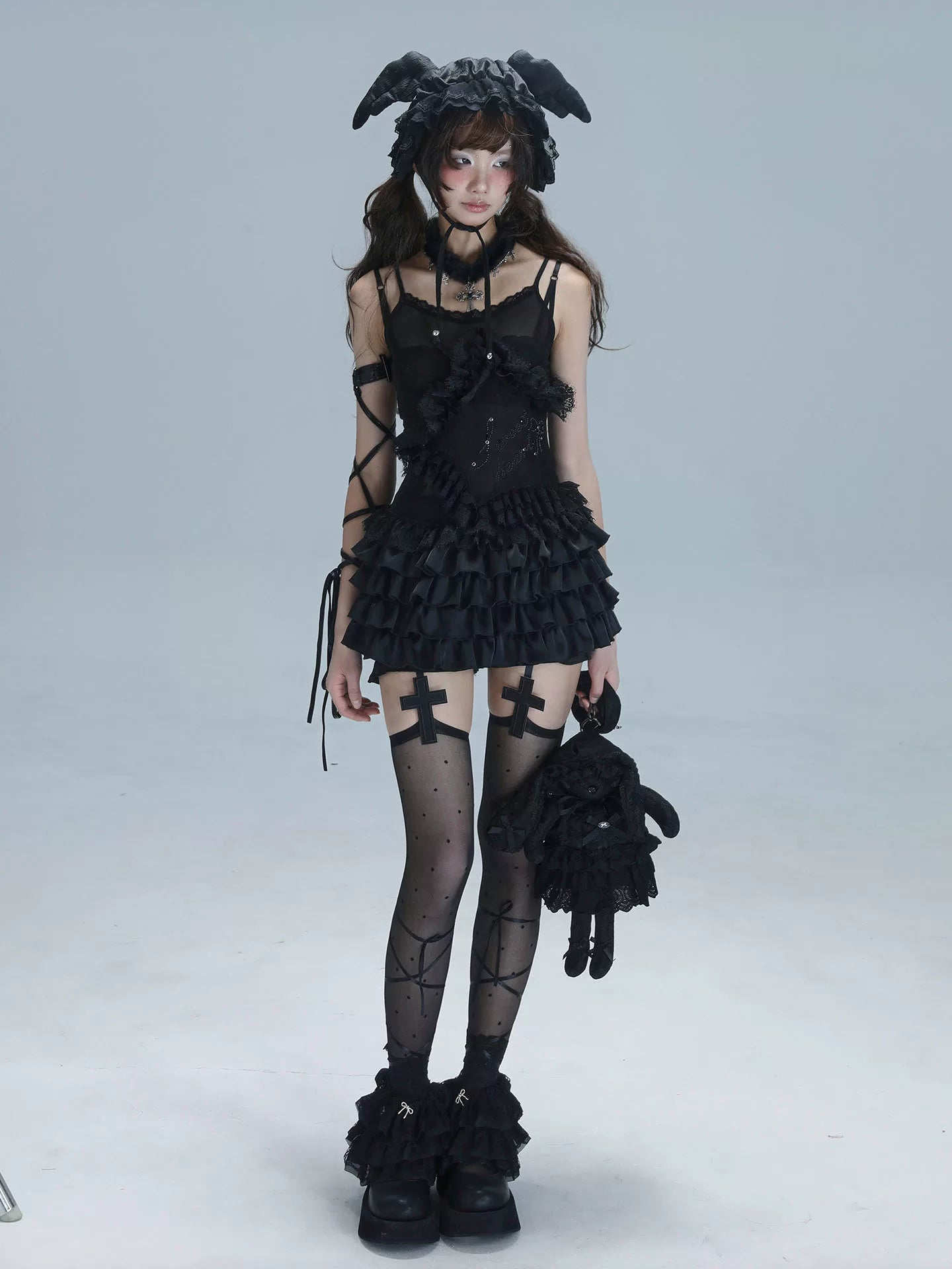 Lace Spaghetti Strap Tiered Ruffle Oversize Short Dress & Underwear Set