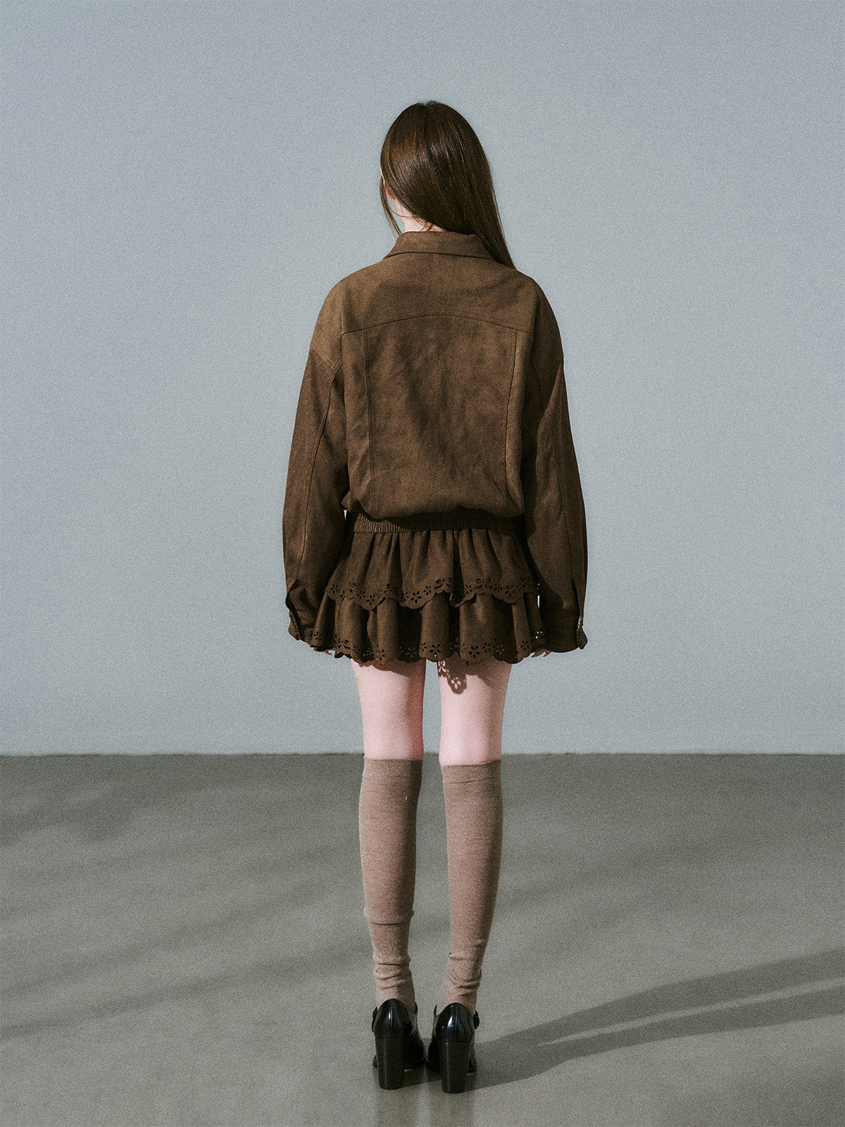 Suede Zipper Jacket & Scalloped Skirt Setup