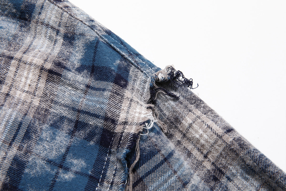 Plaid Washed Fringe Long Sleeve Shirt