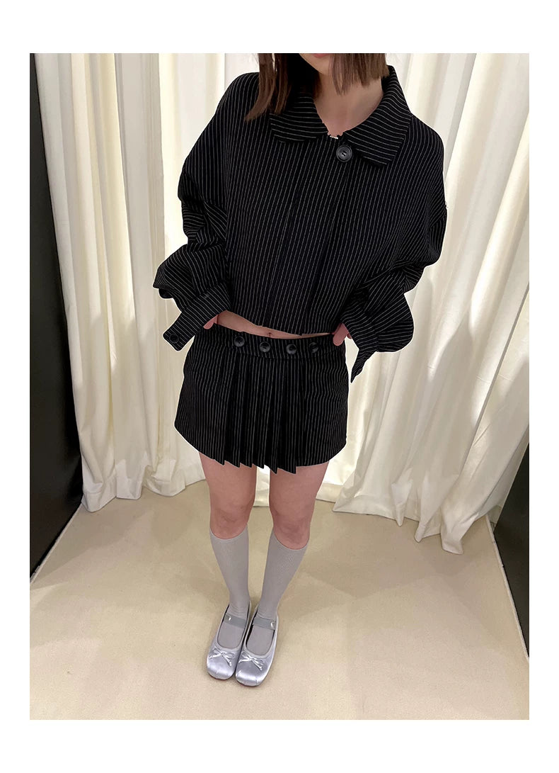 Stripe Polo Collar Jacket & Pleated Short Skirt Setup