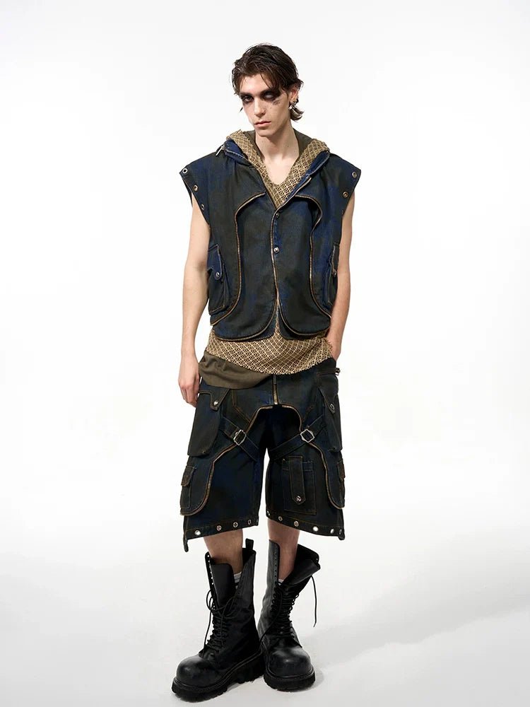 Hooded Wash Denim Vest & Cargo Short Setup