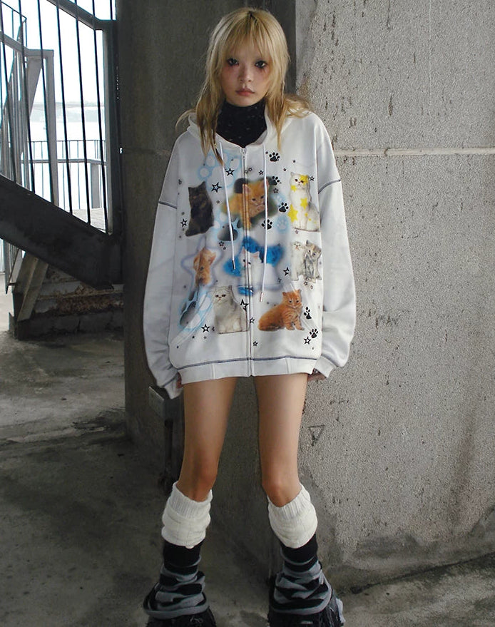 Cat Print Zipper Hoodie