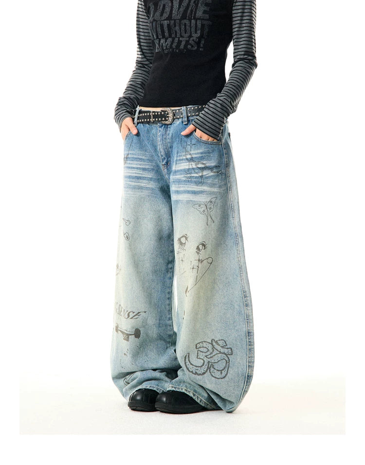 Washed Graffiti Print Wide Leg Denim Jeans