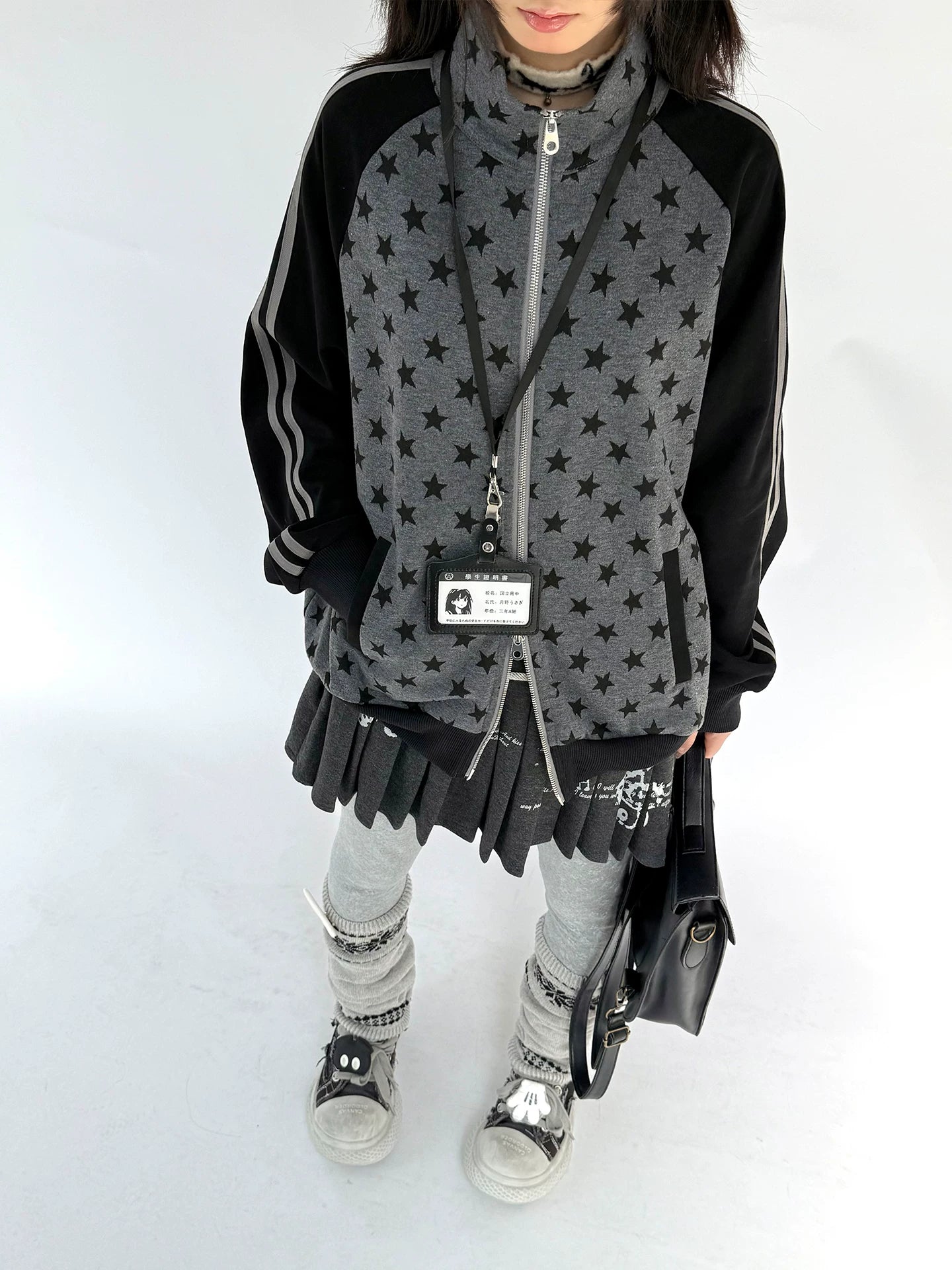 Star Print Double Zipper High-Neck Oversize Cardigan