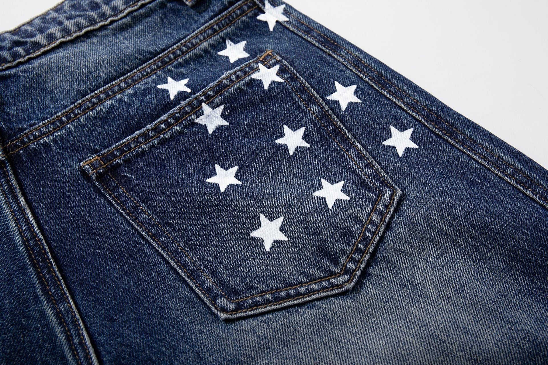 Star Print Curved Wide Leg Denim Jeans
