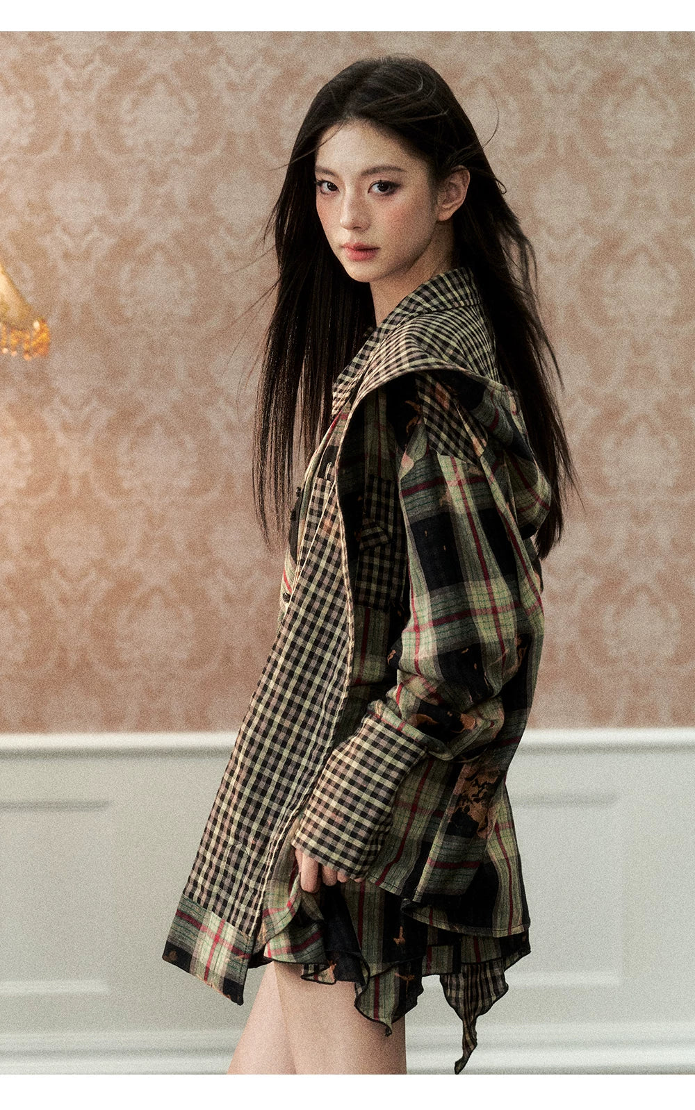 Oversize Plaid Long Sleeve Shirt & Short Skirt & Scarf Setup