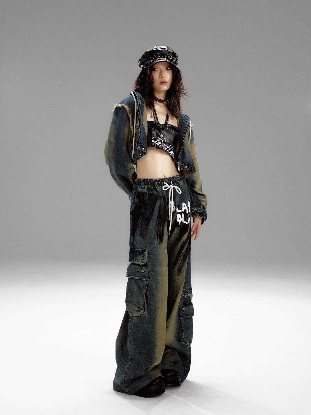 Washed Graffiti Wide-Leg Straight Dnim Jeans