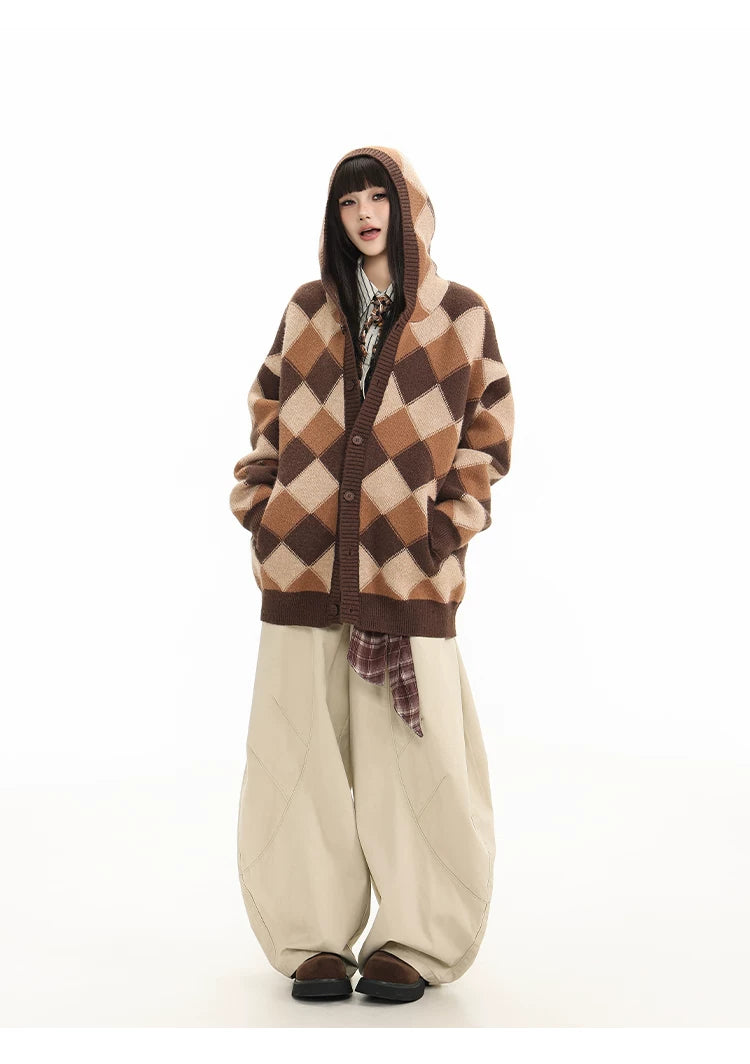 Heavyweight Diamond Pattern Oversize Hooded Knit Cardigan & Knit Sweater