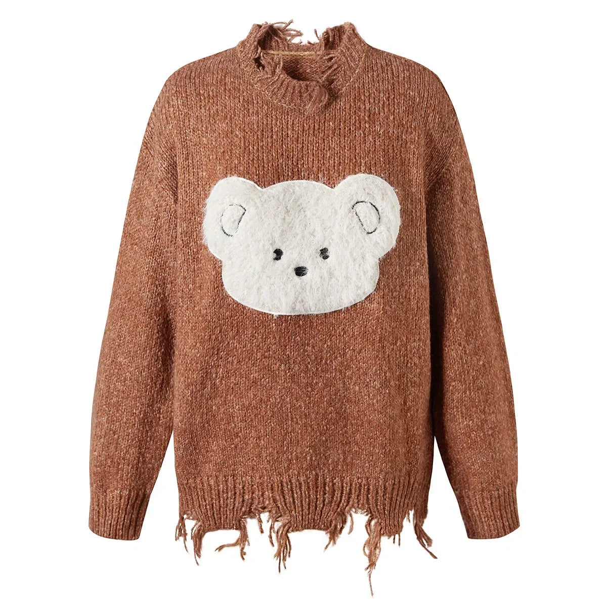 Bear Design Fringe Knit Sweater