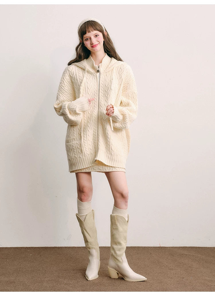 Bunny Hare Ear Hooded Zipper Knit Cardigan & Knit Skirt Setup