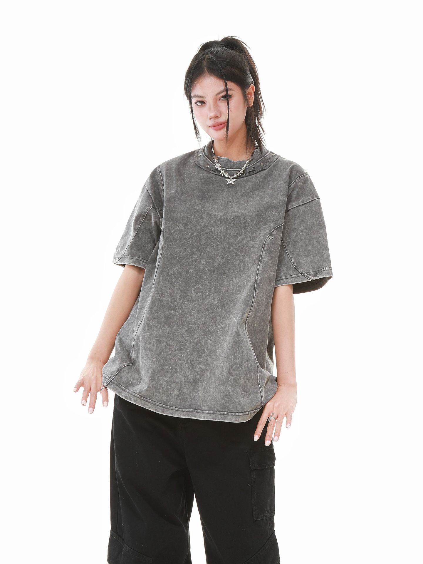 Heavy Washed Fade Stitching Short Sleeve T-Shirt