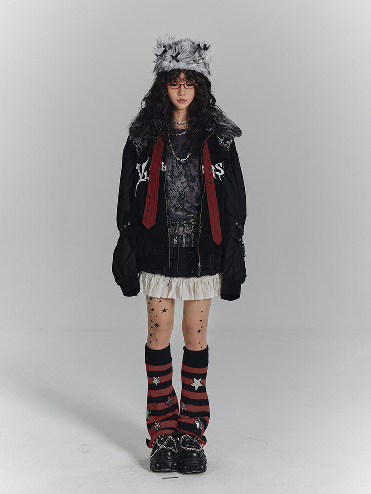 Embroidery Fur Collar Oversize Zipper Jacket