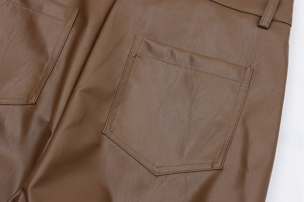 PU Leather Pleats Straight Pants