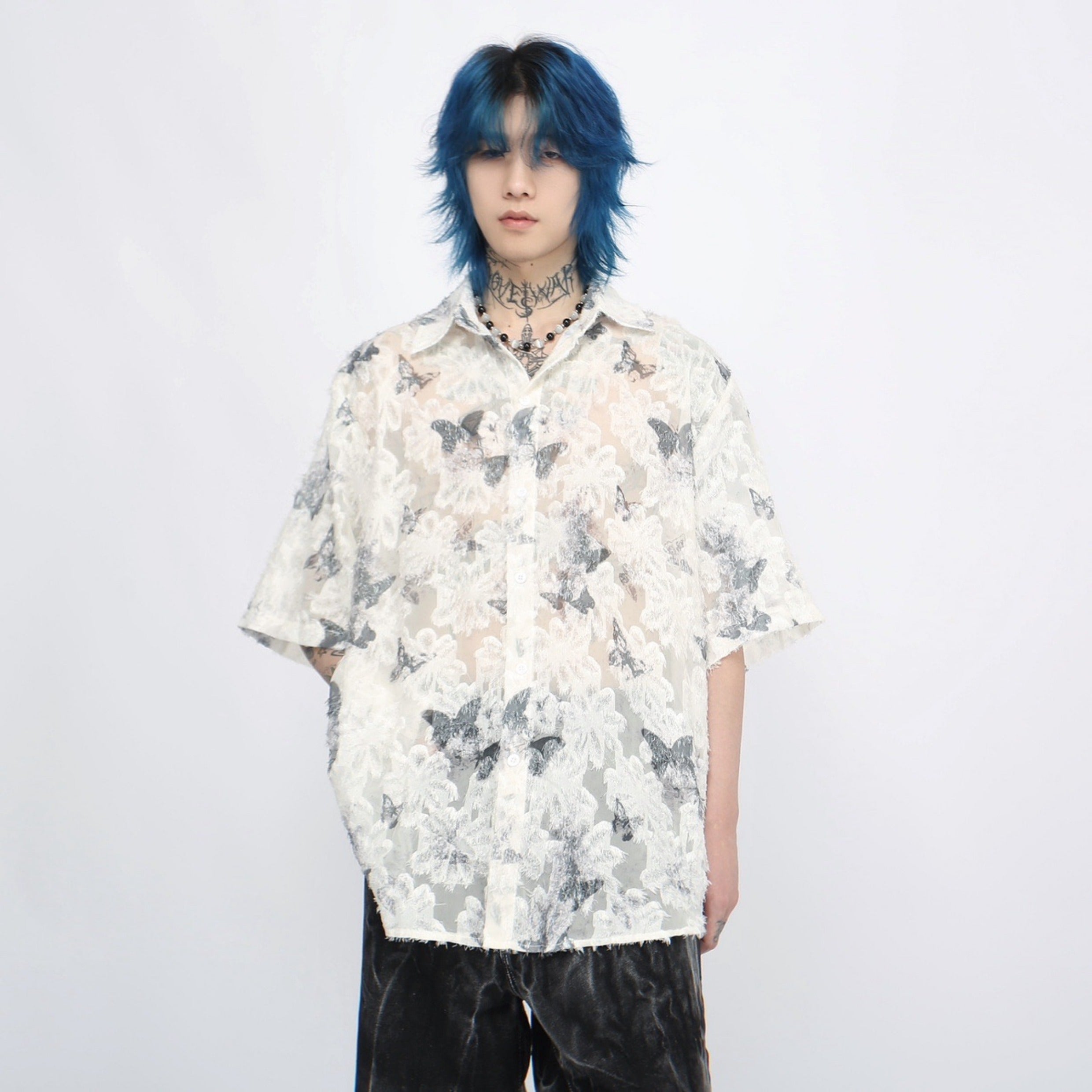 Butterfly Full Print Oversize Sheer Short Sleeve Shirt