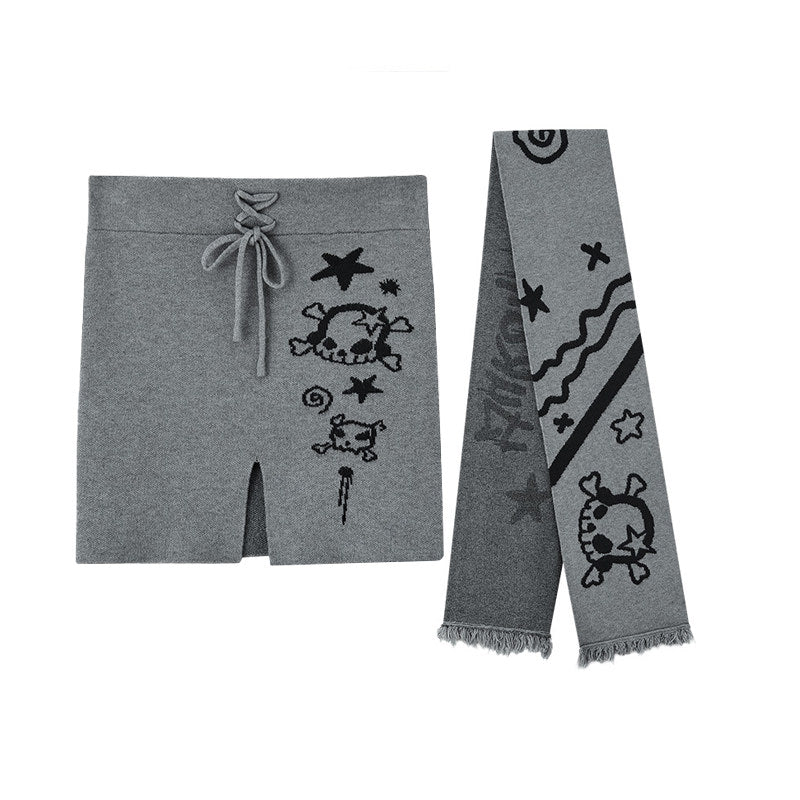 Graphic Print Off-Shoulder Top & Letter Print Scarf