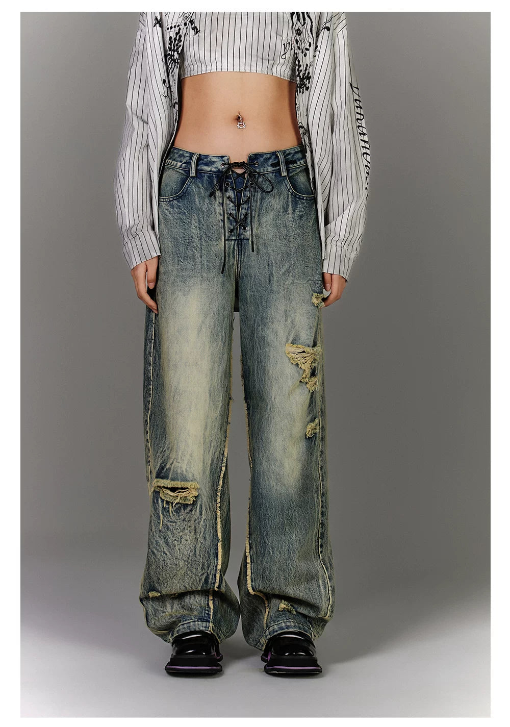 Washed Blue Damage Wide Leg Denim Jeans