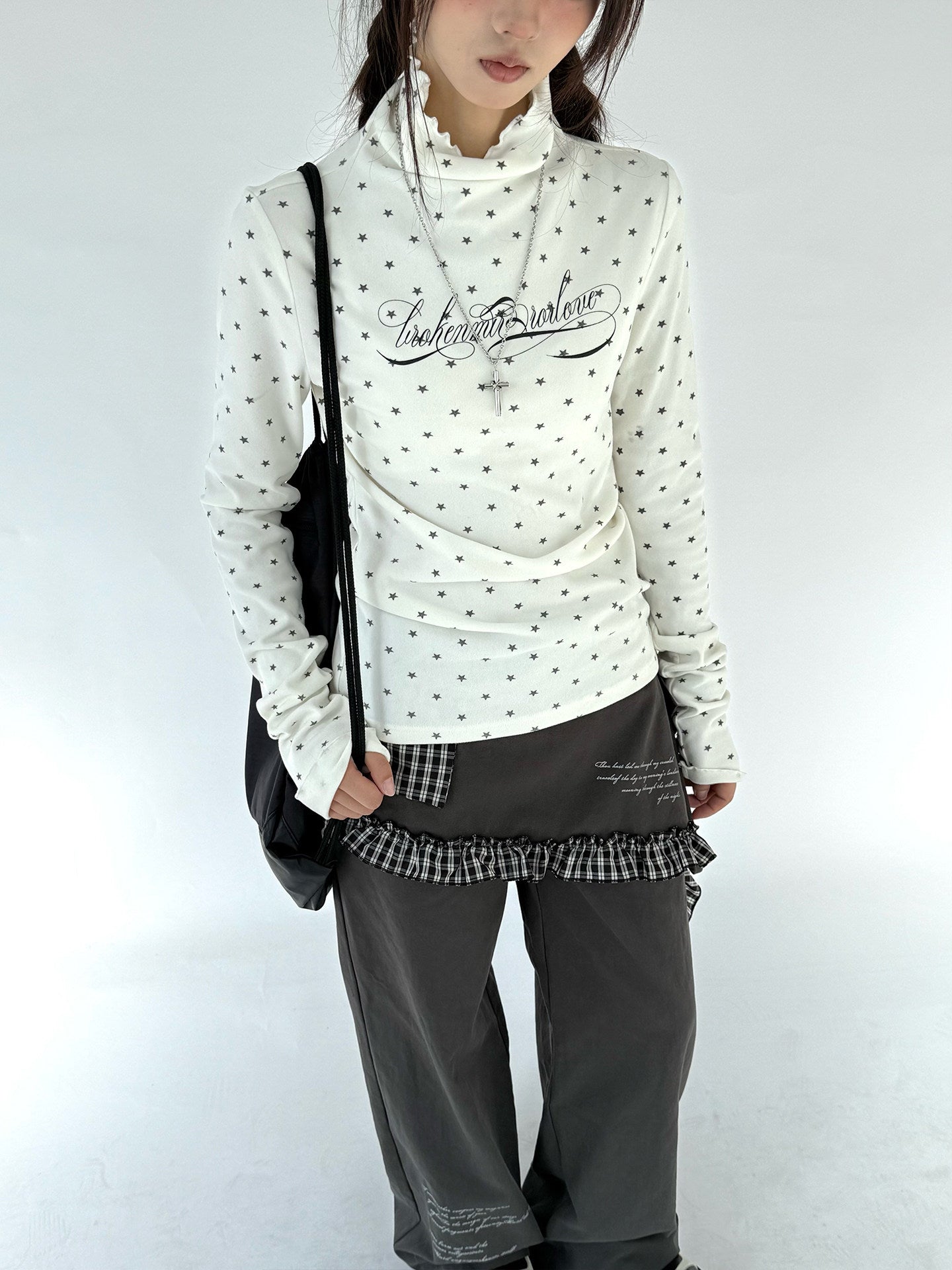Polka Dot Print High-Neck Long Sleeve T-Shirt