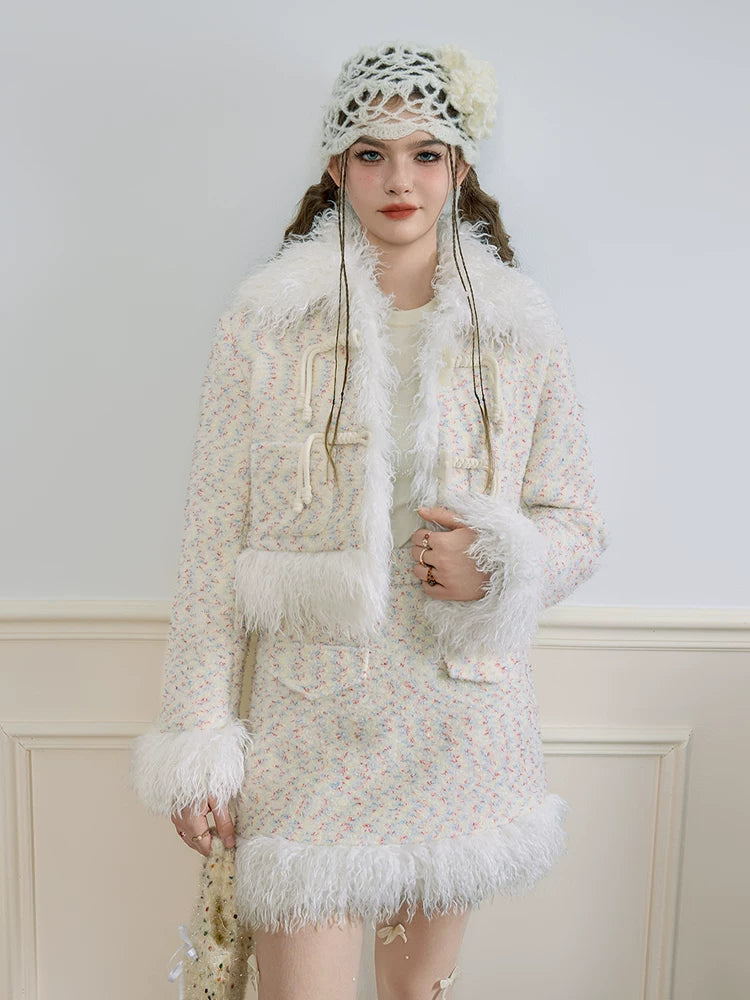 Textured Fake Fur Short Skirt & Jacket Setup