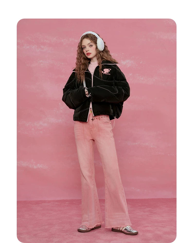 Letter Print High-Neck Short White Duck Down Jacket