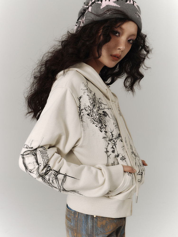 Cropped Graphic Print Zipper Hoodie