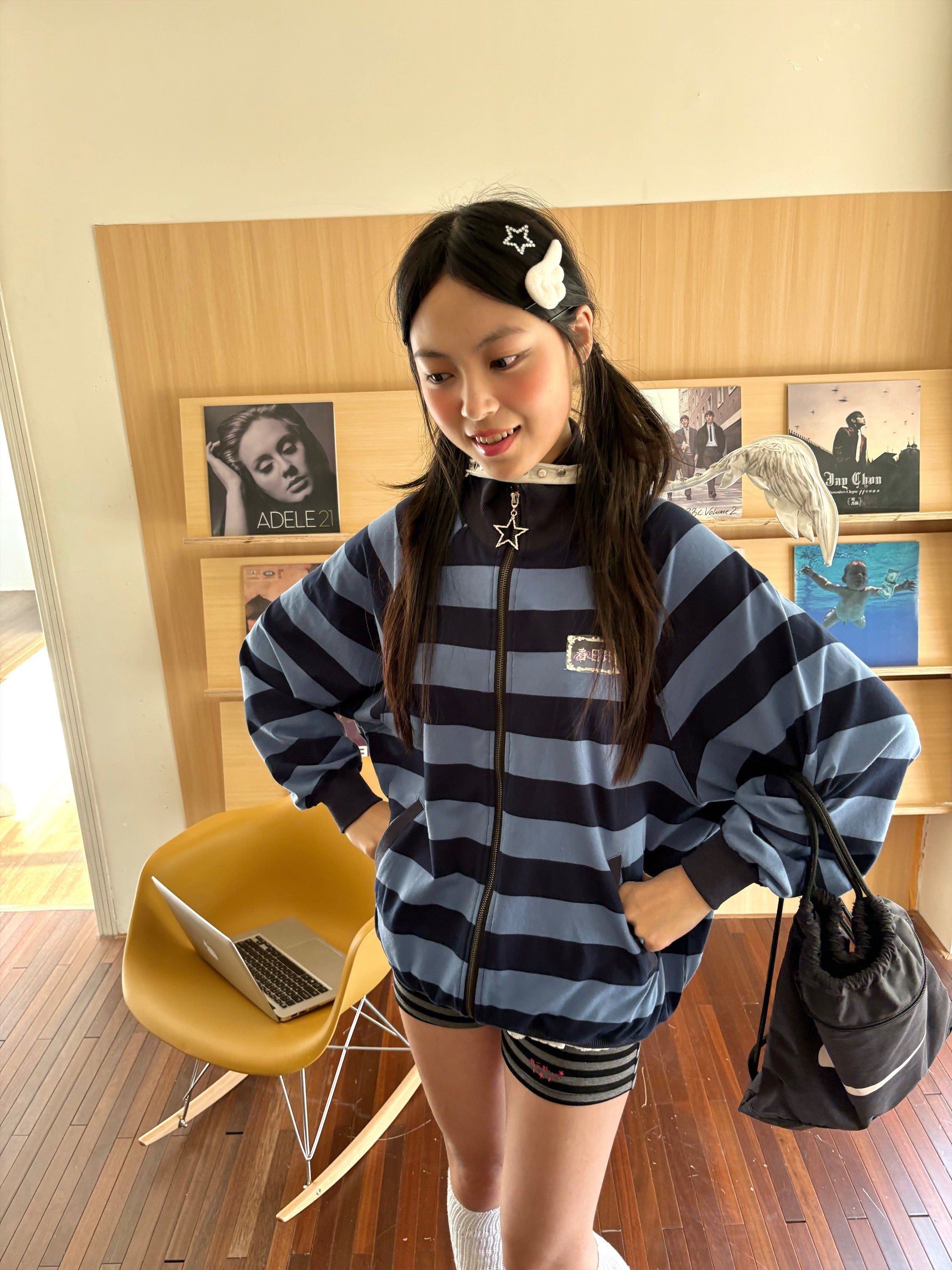 Striped Oversize Stand Collar Zipper Jacket