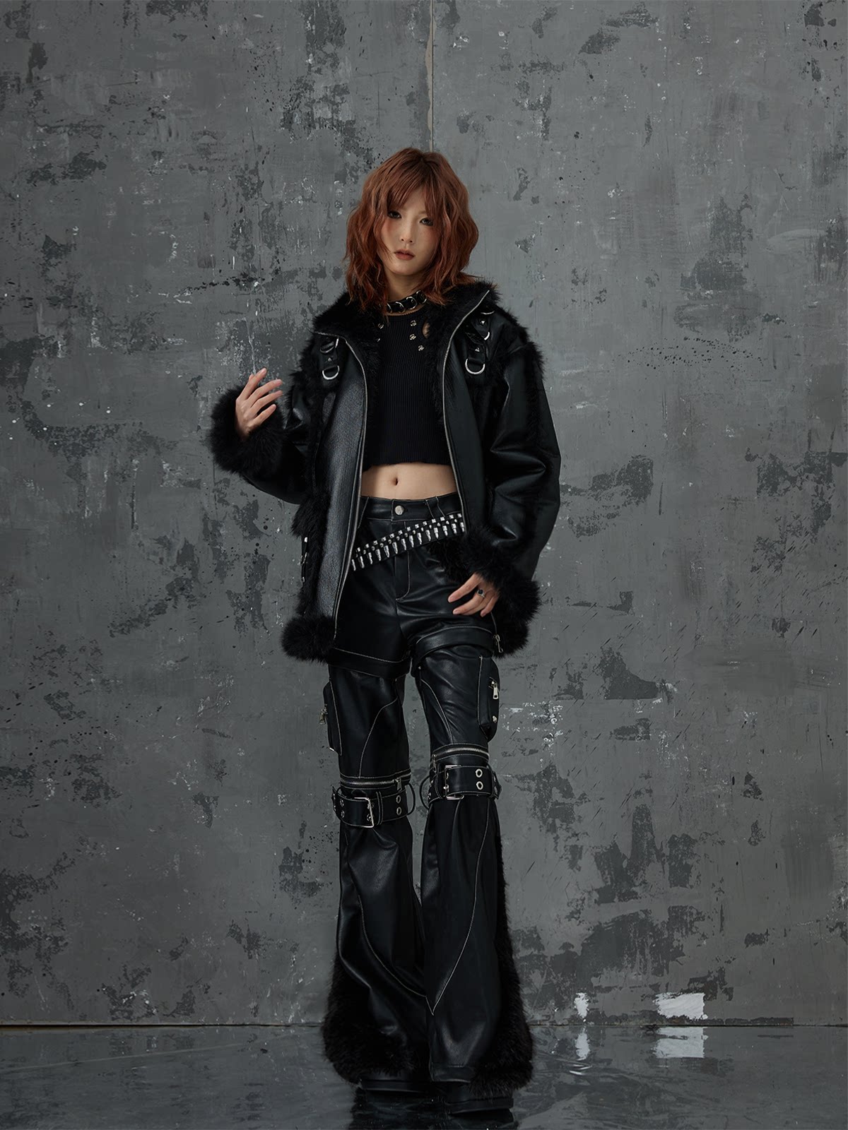 Punk Oversize Metal-Accent Shearling Jacket