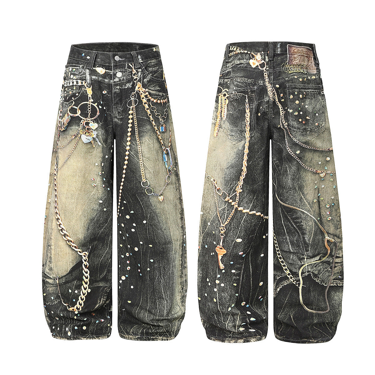 Chain Paint  3D Print Washed Wide Leg Denim Jeans