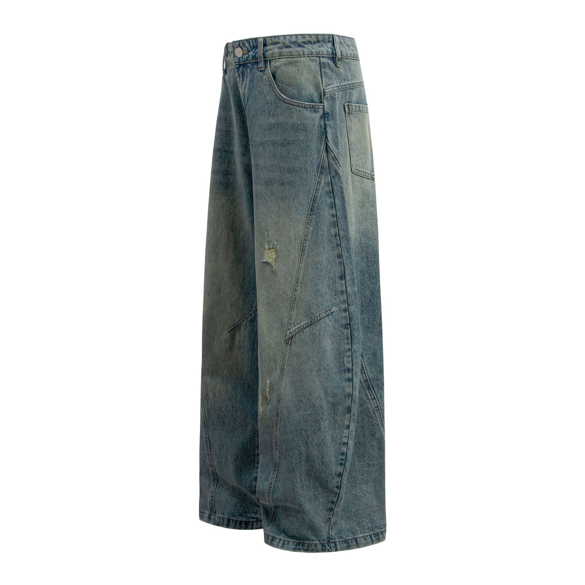 Washed Panel Design Wide Leg Denim Jeans
