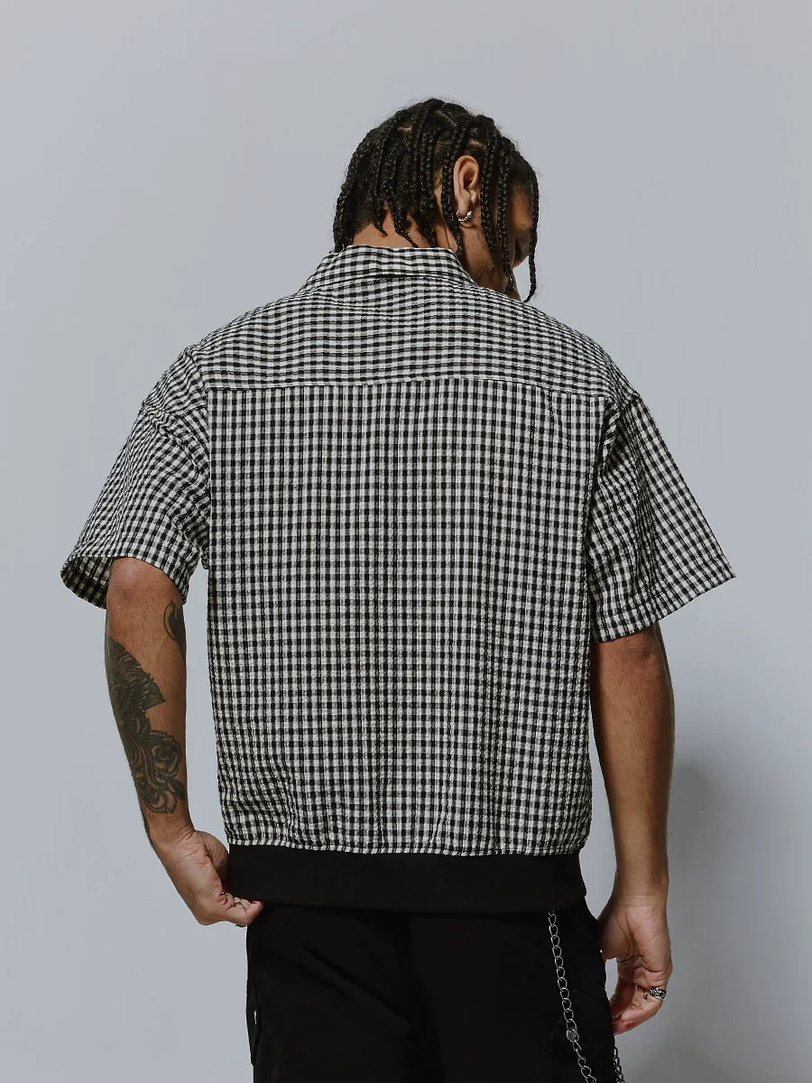 Plaid Oversize Ribbed Hem Turn-Do