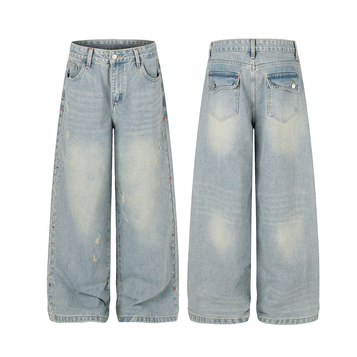 Washed Paint Studs Detail Wide Leg Denim Jeans
