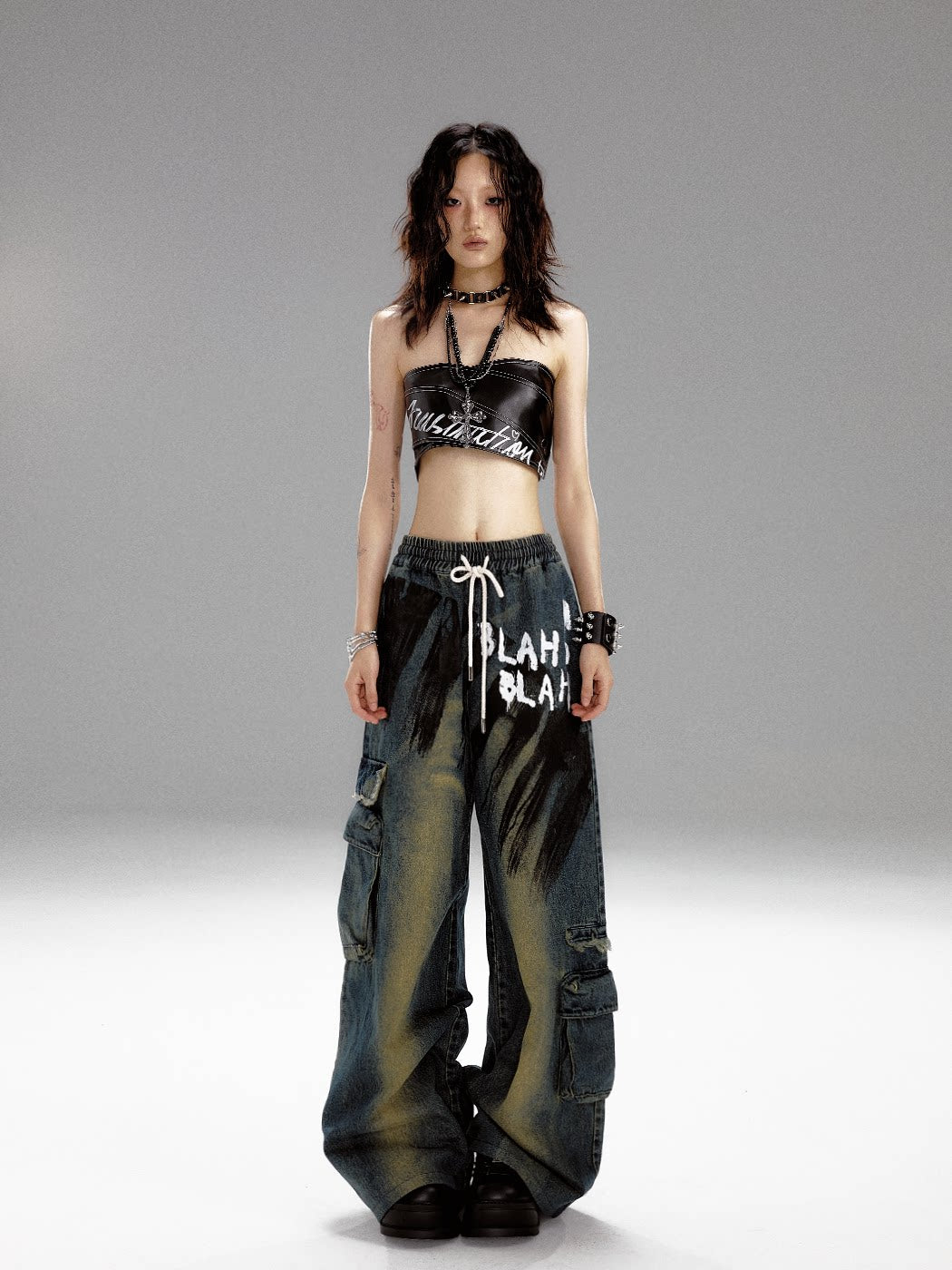 Washed Graffiti Wide-Leg Straight Dnim Jeans