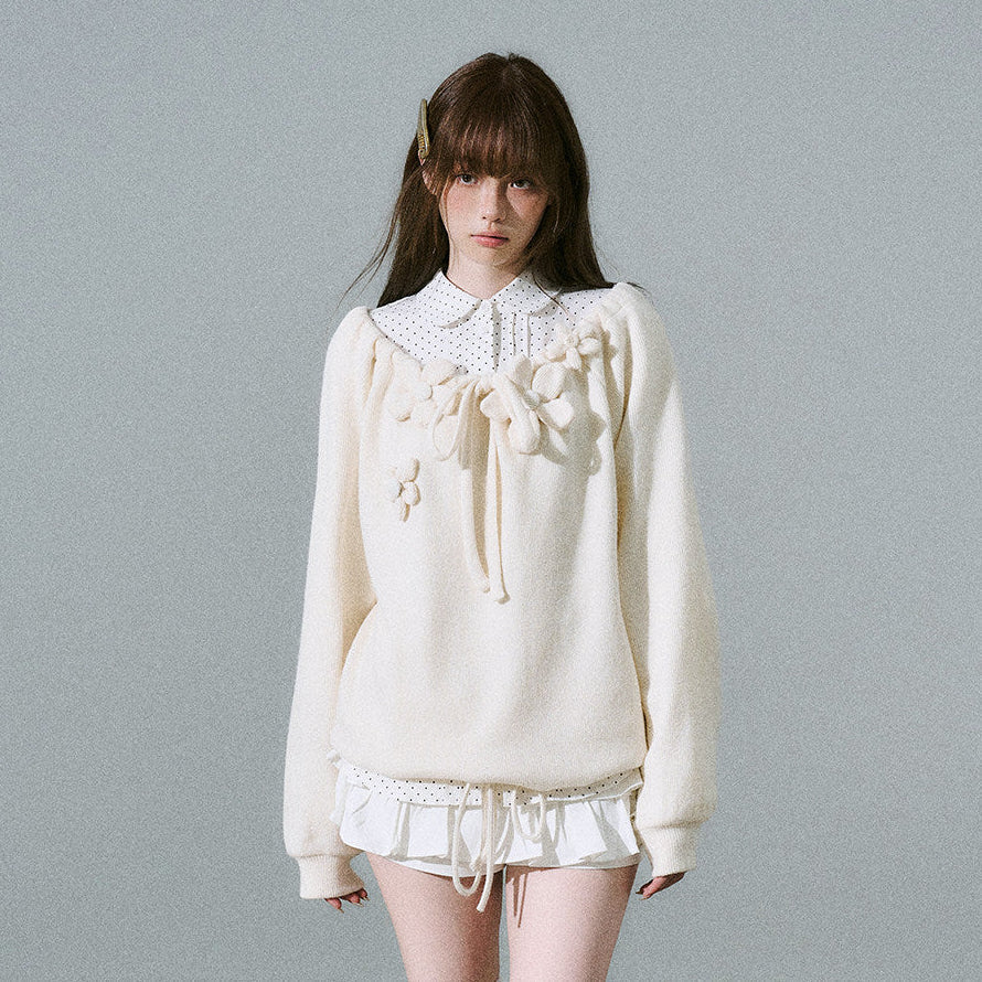 Flower Applique Drawstring Detail Sweatshirt