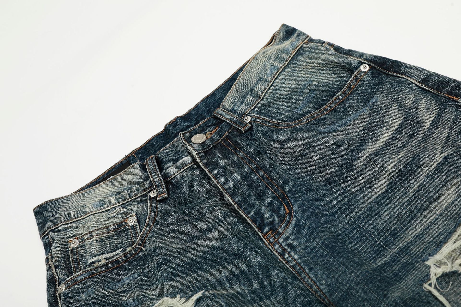 Damage Whisker Wash Straight Denim Jeans